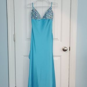 Sean Collection Sky Blue Silk Gown with Gem Stones